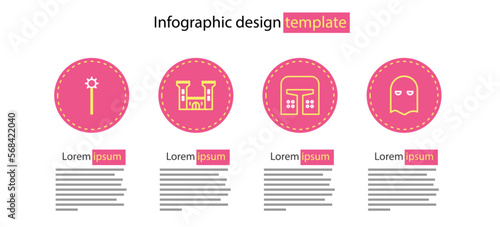 Set line Medieval iron helmet, Executioner mask, Castle and chained mace ball icon. Vector