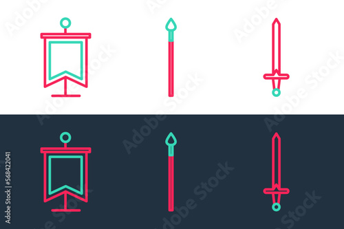 Set line Medieval sword  flag and spear icon. Vector