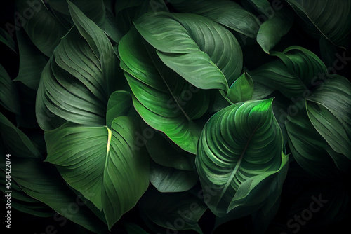 Background from natural green tropical leaves close up on black background  mockup for product and text  spring and summer nature concept. Generative AI