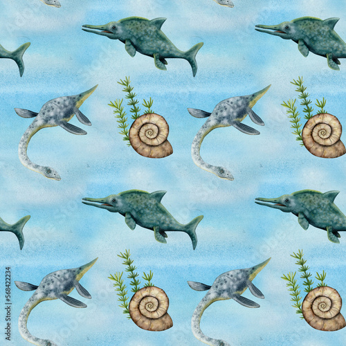 Watercolor seamless pattern with underwater dinosaurs, plesiosaurs, ichthyosaur, seaweed, ammonites on blue background photo