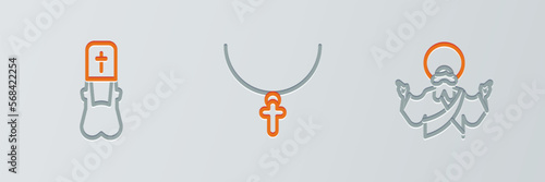 Set line Jesus Christ, Priest and Christian cross on chain icon. Vector