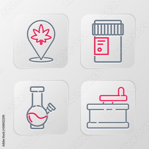 Set line Manual grinder, Glass bong for smoking marijuana, Medical bottle with cannabis and Location and icon. Vector