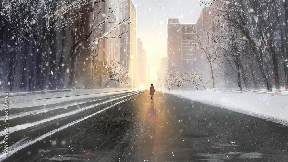 Winter Street Illustration hand drawn digital art, digital painting Winter Street Illustration hand drawn digital art, digital painting