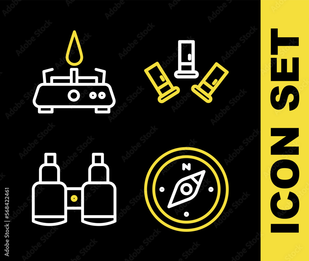 Set line Cartridges, Compass, Binoculars and Camping gas stove icon. Vector Set line Cartridges, Compass, Binoculars and Camping gas stove icon. Vector