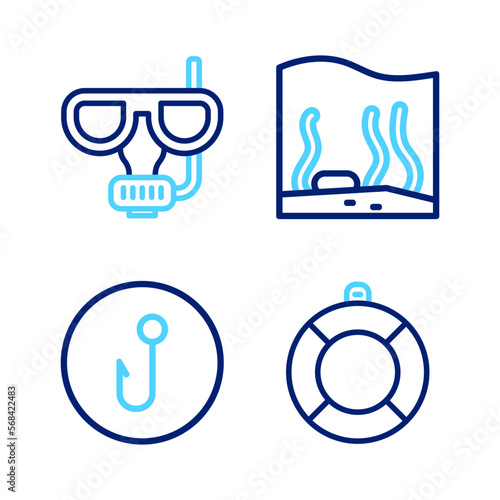 Set line Lifebuoy  Fishing hook  Aquarium and Diving mask and snorkel icon. Vector