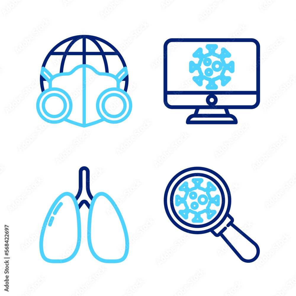 Set line Virus under magnifying glass, Lungs, statistics on monitor and Earth with medical mask icon. Vector Set line Virus under magnifying glass, Lungs, statistics on monitor and Earth with medical mask icon. Vector