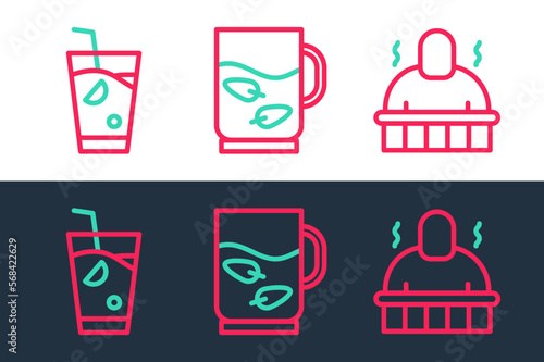 Set line Sauna and spa procedures  Fresh smoothie and Cup of tea leaf icon. Vector