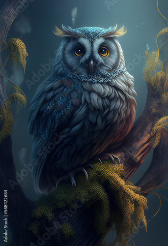 Fairytale beautiful owl in a mystical forest. Ai generative. © Ewa