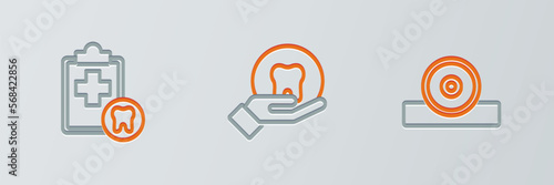 Set line Otolaryngological head reflector, Dental card and Tooth icon. Vector