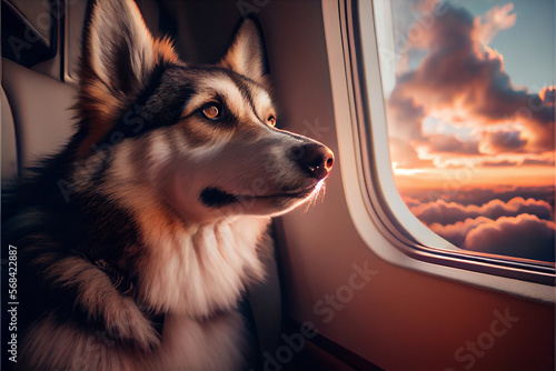 Husky dog ​​flies aboard an airplane, transportation of animals in airlines, safety of dogs when flying flight and landing. Generative AI © VICHIZH