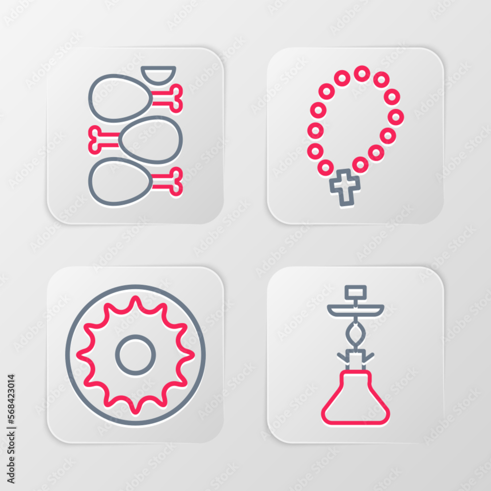 Set line Hookah, Chakra, Rosary beads religion and Tandoori chicken icon. Vector Set line Hookah, Chakra, Rosary beads religion and Tandoori chicken icon. Vector