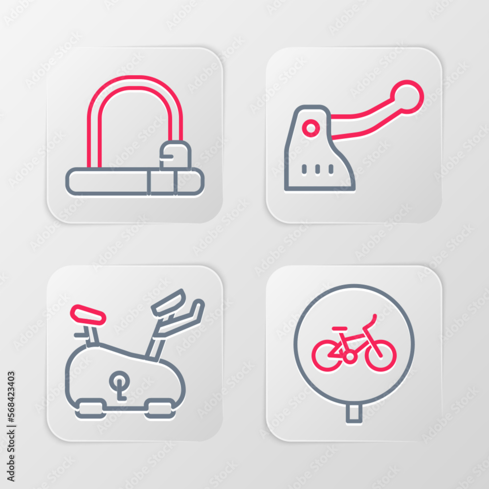 Set line Bicycle, Stationary bicycle, brake and lock icon. Vector Set line Bicycle, Stationary bicycle, brake and lock icon. Vector