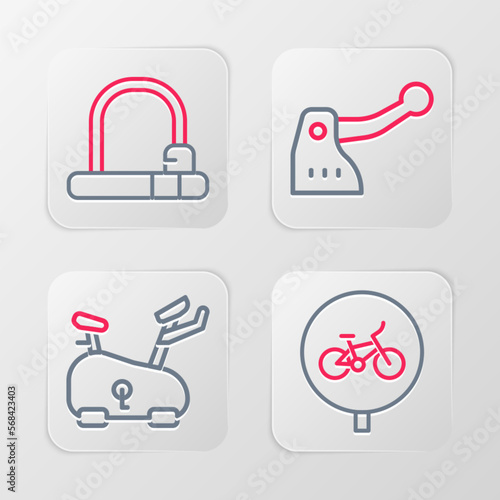 Set line Bicycle, Stationary bicycle, brake and lock icon. Vector
