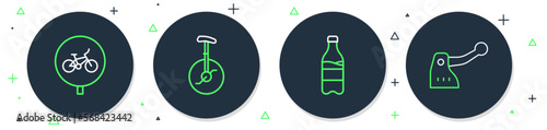 Set line Unicycle or one wheel bicycle, Sport bottle with water, Bicycle and brake icon. Vector