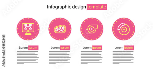 Set line Automotive turbocharger, Car brake disk with caliper, headlight and Diagnostics condition of car icon. Vector