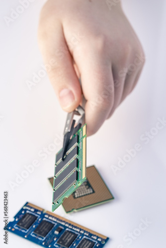 Technician fixing computer. Repair and upgrade concept of laptop. Workshop background