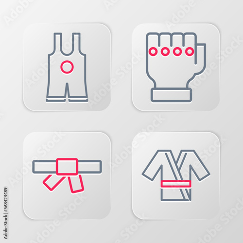 Set line Japanese costume Kimono, Black karate belt, MMA glove and Wrestling singlet icon. Vector