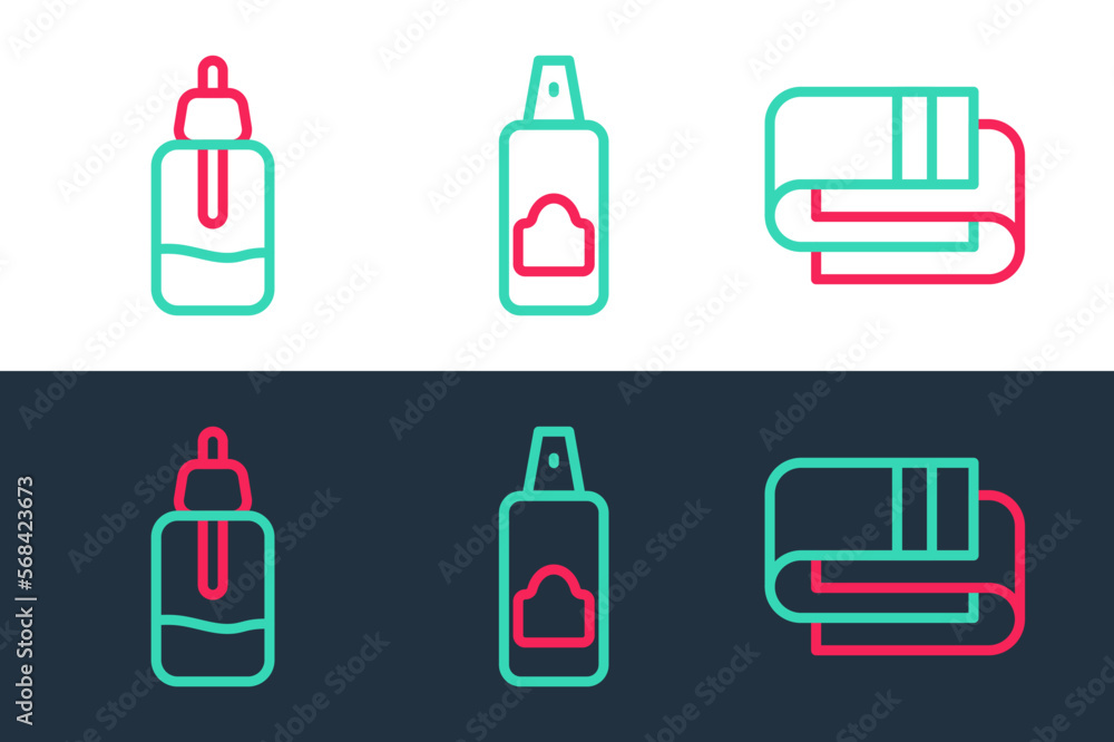 Set line Towel stack, Essential oil bottle and Spray can for hairspray icon. Vector Set line Towel stack, Essential oil bottle and Spray can for hairspray icon. Vector