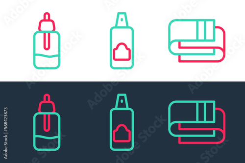 Set line Towel stack, Essential oil bottle and Spray can for hairspray icon. Vector