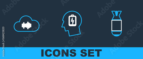 Set line Aviation bomb, Music streaming service and Head with low battery icon. Vector