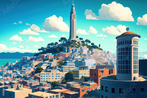 Coit Tower and Telegraph Hill are visible in this daytime panorama of San Francisco, California, in the United States. Holographic artificial intelligence concept. Robotics, artificial intelligence, m
