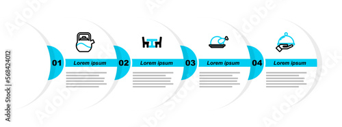 Set line Covered with tray of food, Roasted turkey or chicken, Wooden table chair and Kettle handle icon. Vector