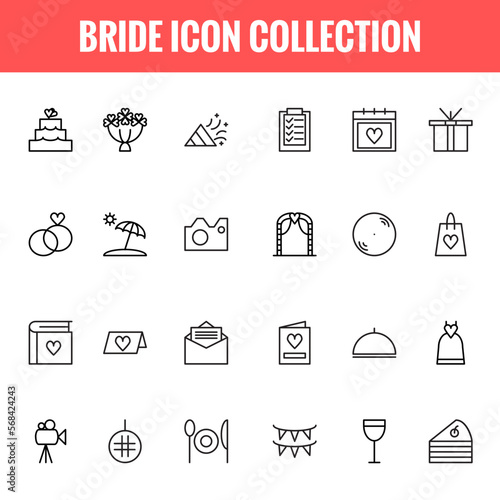 Bride outline icons collection vector, wedding symbols and signs, bride and groom, love, celebration vector isolated on white background - vector illustration