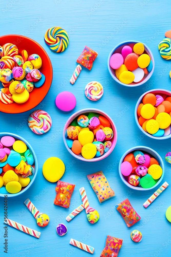 Overhead view of colorful set of different kids sweets and treats in bowls on light blue wooden background - generative ai Overhead view of colorful set of different kids sweets and treats in bowls on light blue wooden background - generative ai