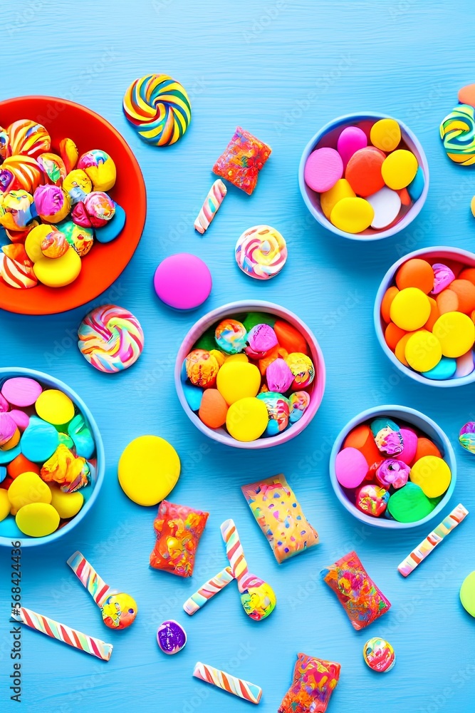 Overhead view of colorful set of different kids sweets and treats in bowls on light blue wooden background - generative ai