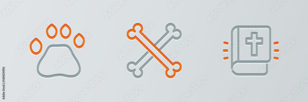 Obraz premium Set line Holy bible book, Bear paw footprint and Crossed human bones icon. Vector