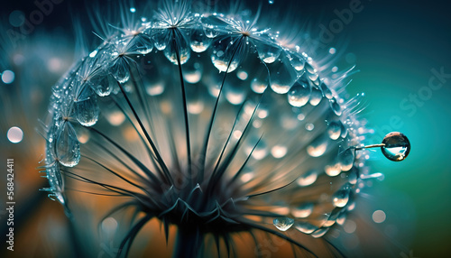 Dandelion seeds in droplets of water on turquoise. Soft focus. Nature. Droplets. Macro. Generative AI.