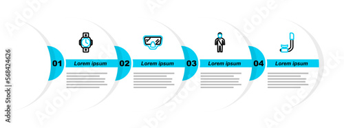 Set line Snorkel, Wetsuit for scuba diving, Diving mask and watch icon. Vector