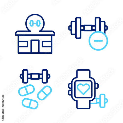 Set line Smart watch with heart, Sports doping dumbbell, Dumbbell and Gym building icon. Vector
