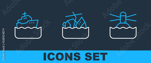 Set line Lighthouse, Cruise ship and Sinking cruise icon. Vector