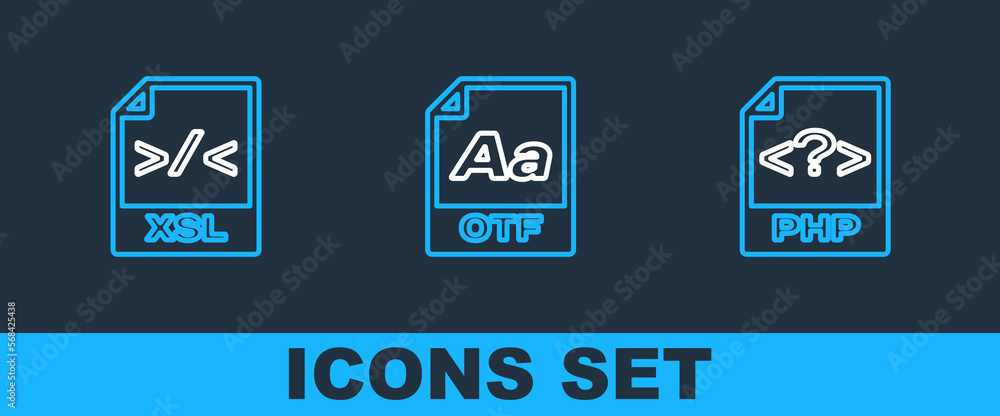 Set line PHP file document, XSL and OTF icon. Vector Set line PHP file document, XSL and OTF icon. Vector