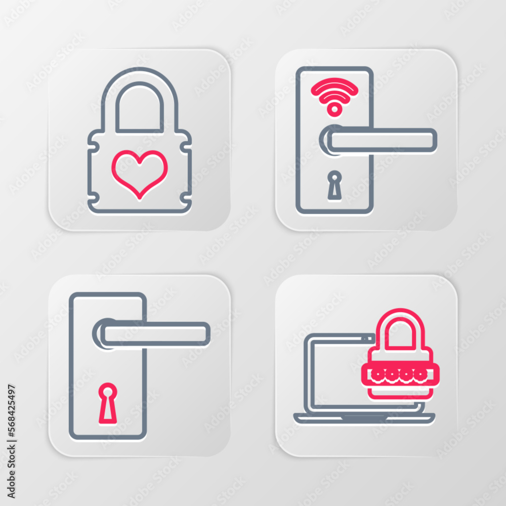 Set line Laptop with password, Door handle, Digital door lock wireless and Padlock heart icon. Vector Set line Laptop with password, Door handle, Digital door lock wireless and Padlock heart icon. Vector