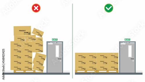 Safety do's and dont's. Wrong and correct condition. Unsafe placement of cardboard boxes. Flat vector illustration template. Industrial, factory, or manufacture.
