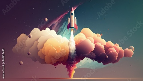 Landscape with rocket taking off through the clouds, space in the background. generative AI