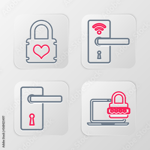 Set line Laptop with password, Door handle, Digital door lock wireless and Padlock heart icon. Vector