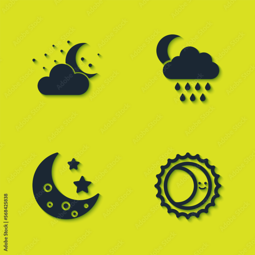 Set Cloud with moon and stars, Eclipse of the sun, Moon and rain icon. Vector