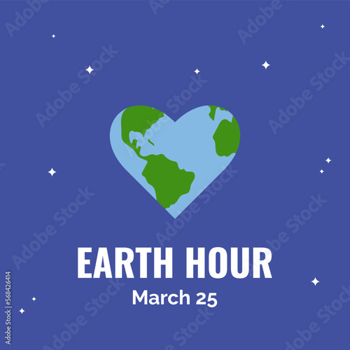 Earth hour poster depicting heart-shaped Earth and 'Earth hour' inscription. Earth hour flat style illustration.