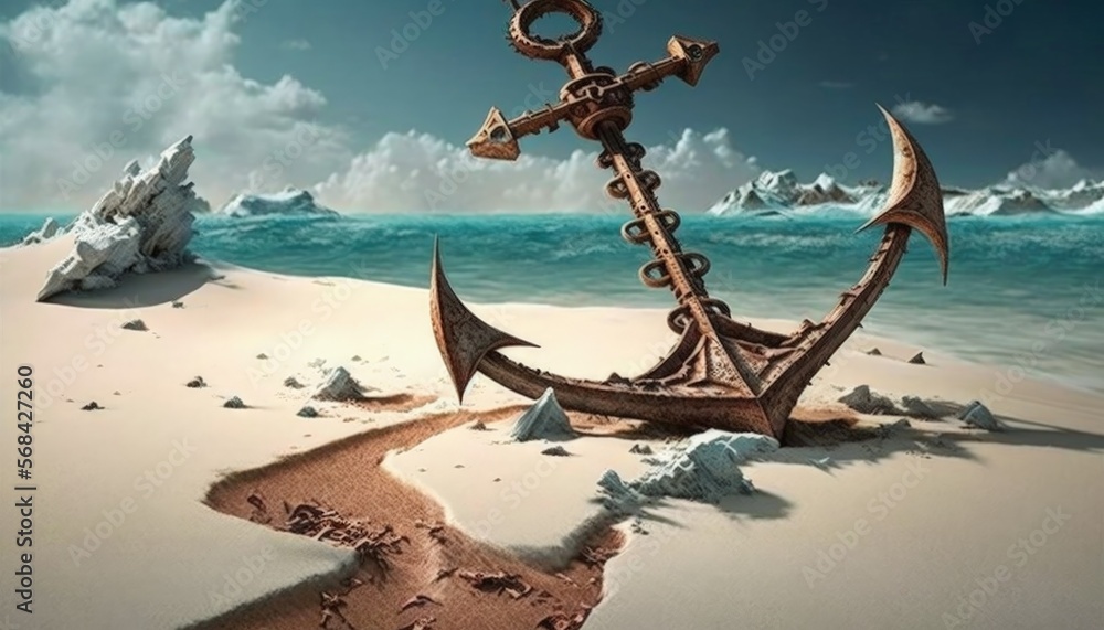 Rusty Pirate Old and rusty anchor of a pirate ship on the beach of an island, sea in ...