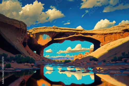 A pool in Armstrong Canyon's Natural Bridges National Monument, Utah, gathered reflections of the Owachomo Bridge and a vibrant sky. Generative AI photo