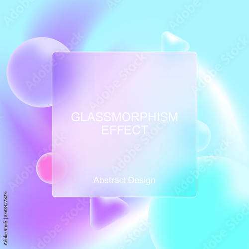Transparent frame in glass morphism or glassmorphism style. Abstract shapes on background. Transparent and blurred card or frame. Glass-morphism style. Vector