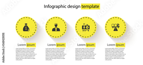 Set Money bag, Worker, Drop in crude oil price and Stop delivery cargo truck. Business infographic template. Vector