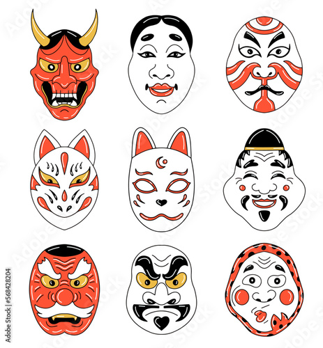 Set traditional japanese culture mask of hannya hyottoko okame tengu kabuki kitsune oni daikokuten illustration isolated on white background