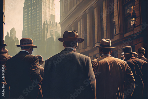 A group of men in Peaky Blinders style 1900s mafia. High quality photo, Ai generated illustration.  photo