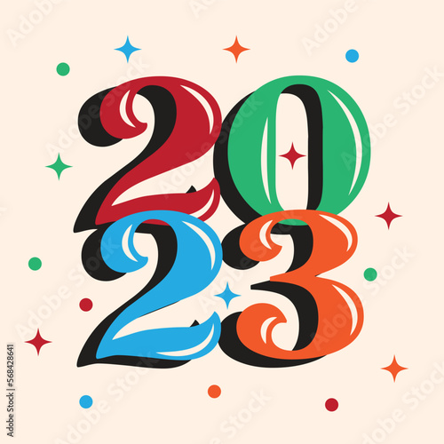 Colorful 2023 happy new year poster with star sparkle vector design © restu