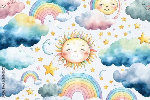 Fototapeta samoprzylepna Watercolor seamless pattern of a sweet baby boho rainbow with the sun, clouds, and moon phase. Decor for children's nurseries, nursery prints, and fabric. Generative AI