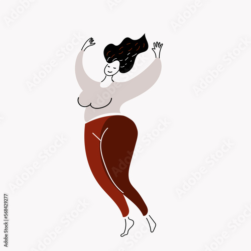 Body positive concept, attractive overweight woman dancing. Hand drawn vector illustration in doodle style.